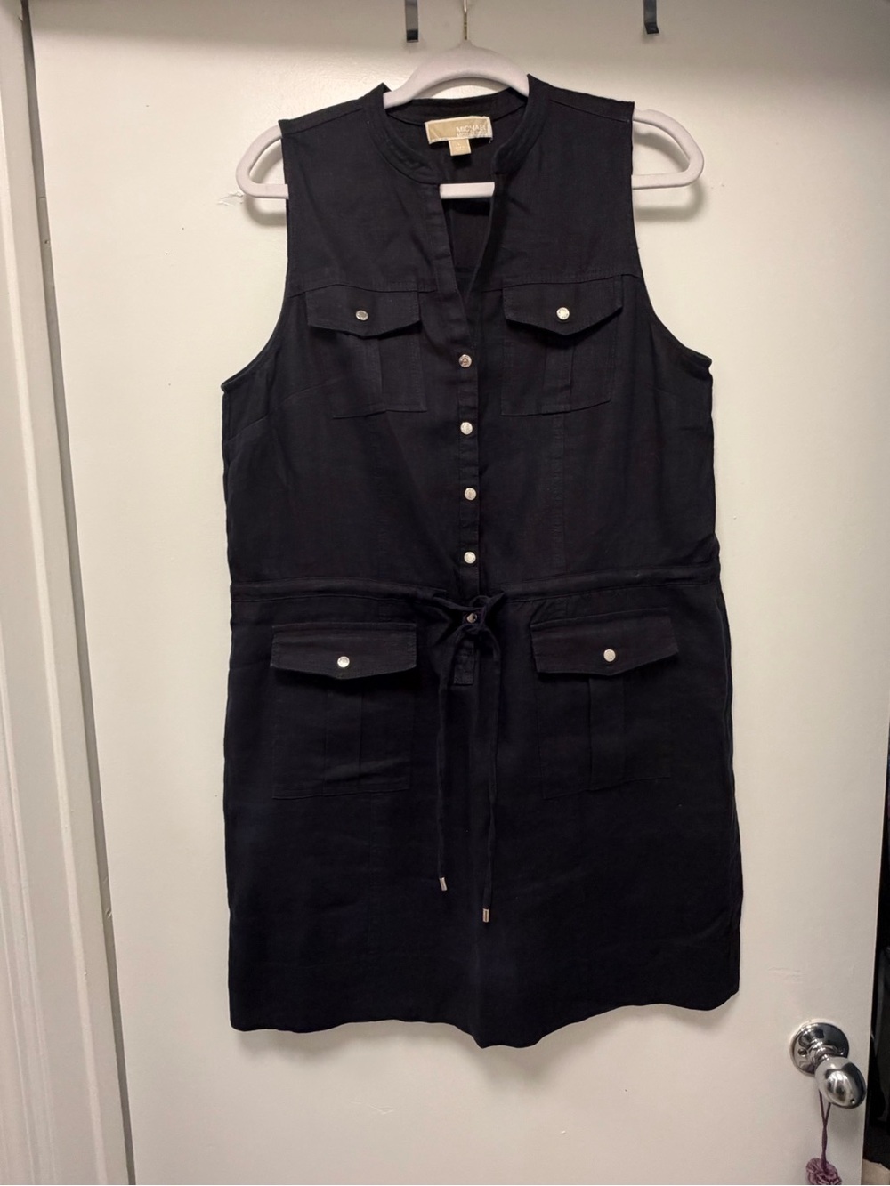 Michael Kors Black Sleeveless Utility Midi Dress with Front Pockets